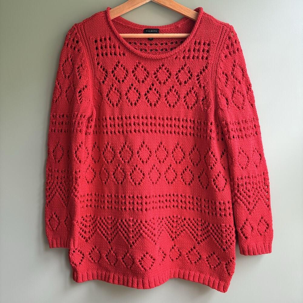 TALBOTS Chunky Pointelle Knit Sweater Red Open Stitch Cotton Blend Preppy‎ M